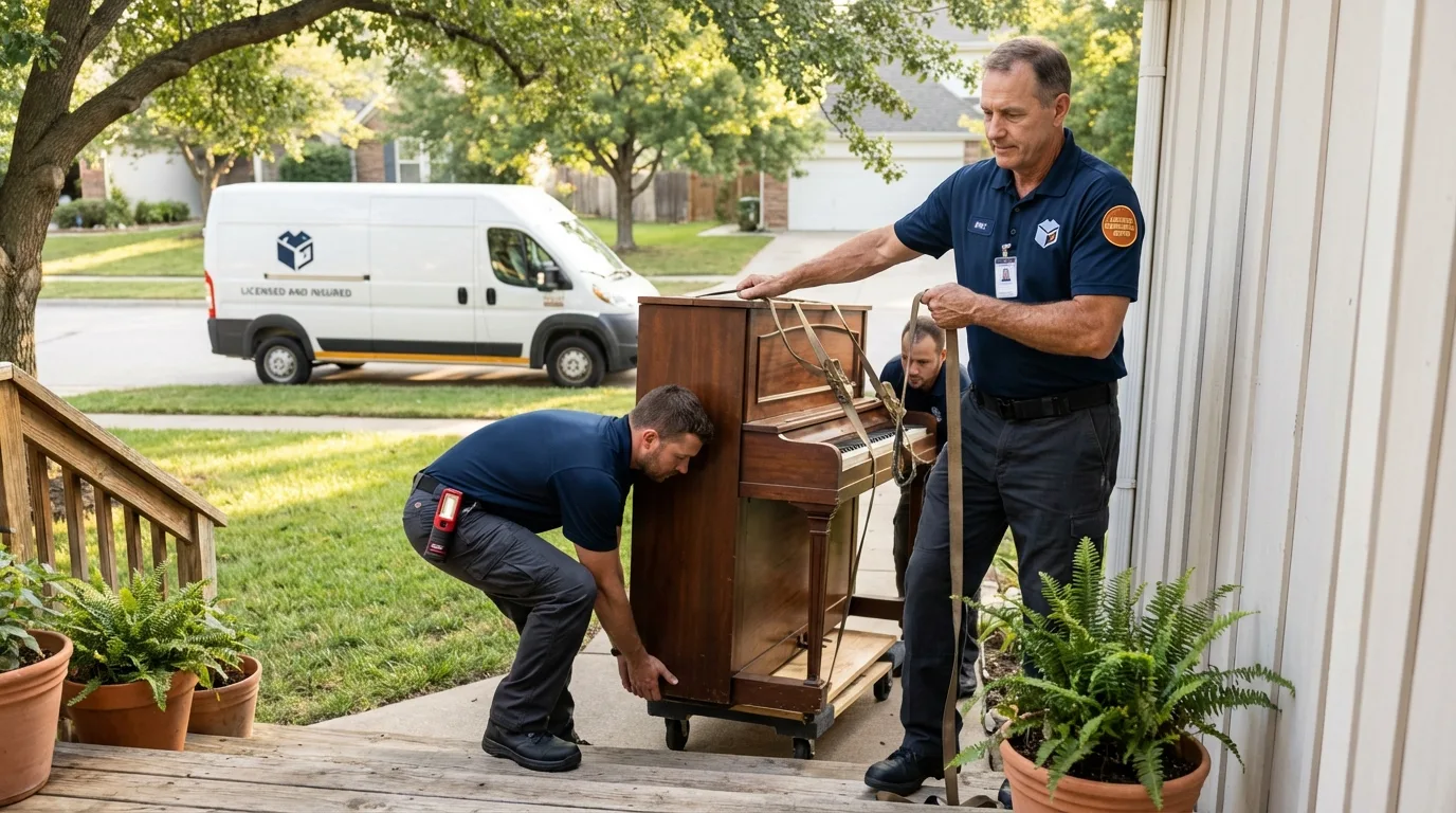 Licensed piano movers securing grand piano in Manlius, NY