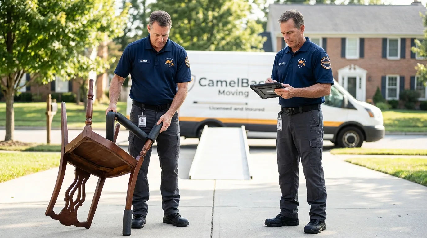 Movers inspecting furniture for damage prevention before loading in Manlius, NY