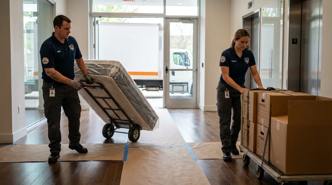 Professional apartment movers loading elevator in Manlius, NY