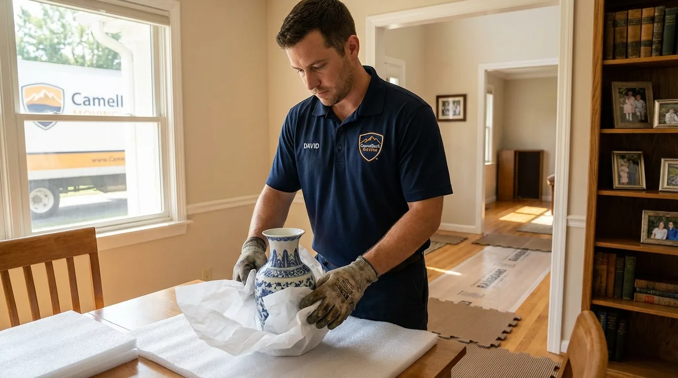 Professional crew carefully wrapping antique vase for senior downsizing move in Manlius, NY