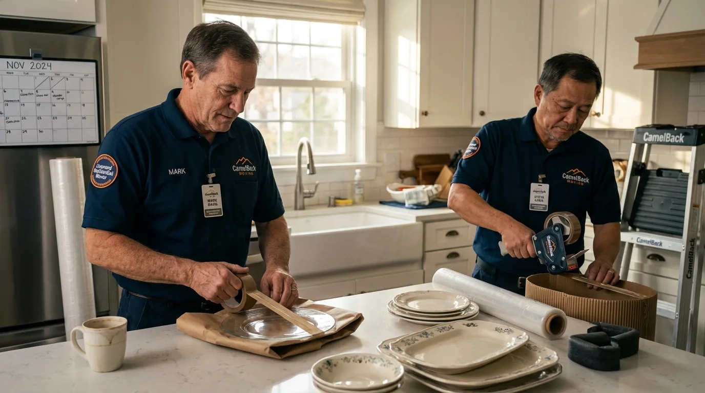 Professional crew packing kitchen dishware in Manlius, NY